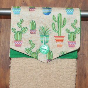 CACTUS TREE TAN & GREEN HAND TOWEL HANDMADE HANGING KITCHEN BEIGE COTTON TOWEL